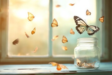 Wall Mural - Butterflies escape from a jar, filling a sunlit room with vibrant colors and delicate movement