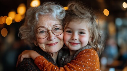 Poster - Heartwarming moment between grandmother and granddaughter in a cozy cafe