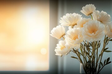 Wall Mural - Beautiful white flowers in a vase illuminated by warm sunlight in a cozy indoor setting