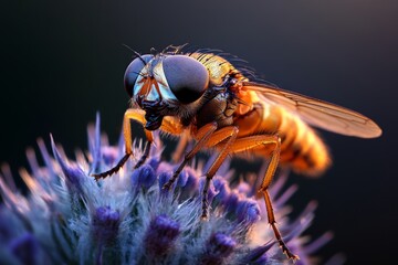 Wall Mural - Close-up view of a fly perched on a vibrant purple flower in a natural setting during golden hour