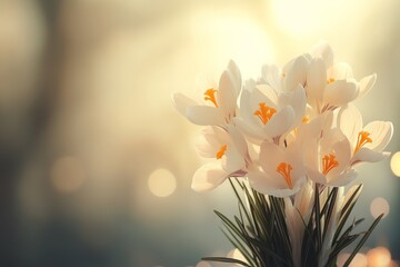 Wall Mural - Bright white crocuses bloom in soft sunlight, showcasing delicate petals and vibrant orange stamens during springtime