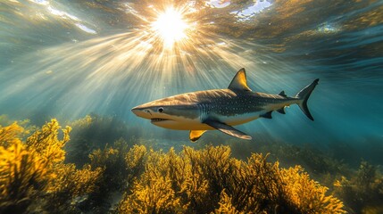 Wall Mural - Shark swimming gracefully in clear blue ocean waters with sun rays filtering through