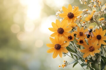 Wall Mural - Vibrant yellow flowers attract busy bee in a sunlit garden during a warm afternoon