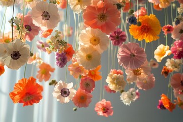 Wall Mural - Colorful hanging flowers create a vibrant display in a bright, light-filled space