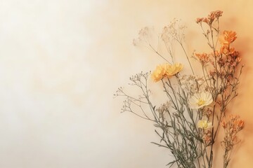 Wall Mural - Soft pastel flowers arranged on a minimalist background creating a serene and calming atmosphere