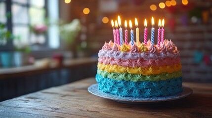 Wall Mural - Colorful birthday cake with candles and decorations at a festive celebration