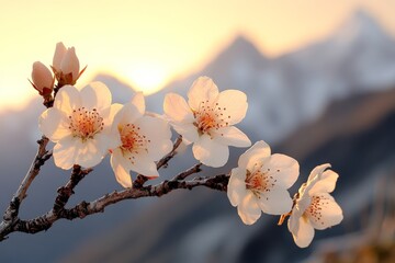 Wall Mural - Blossom branch with white flowers against mountain backdrop during sunset in a serene landscape