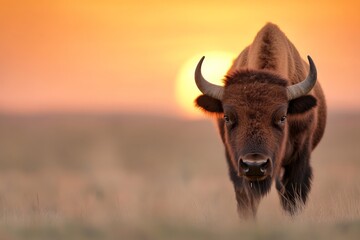 Canvas Print - Bison walking towards the sunset in a serene landscape with warm colors