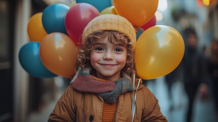 Wall Mural - Child enjoying colorful balloons during a lively street festival in the fall season