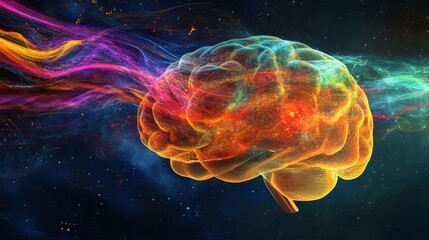Aufkleber - Colorful Abstract Brain with Energetic Waves in Deep Space