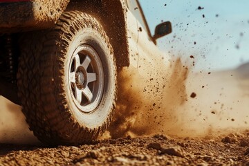 Dynamic close up of off road vehicle tire in action amidst rugged terrain and dust clouds