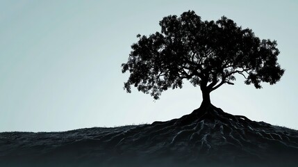Poster - Silhouette of a large tree with exposed roots on a hill against a muted sky.