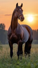 Wall Mural - Horse stands gracefully in a golden field at sunset near a forest edge