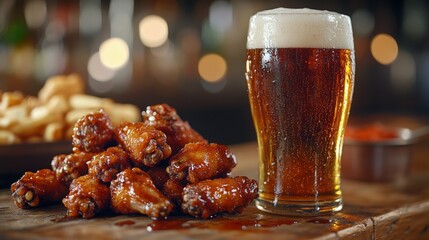 Poster - Enjoying craft beer with delicious chicken wings at a cozy pub in the evening