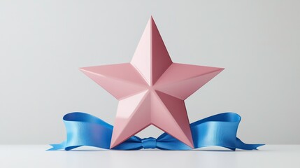 Wall Mural - Pink star with blue ribbon bow, minimalist design.