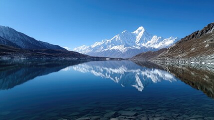  Crystal clear waters mirror snow-capped peaks, creating a breathtaking vista of nature's tranquility during a bright, sunny day