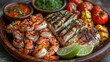 © Natcharat - A gourmet tropical seafood platter with cooked crab, grilled fish fillets, and sautÃ©ed shrimp, served with a side of roasted tropical vegetables and lime wedges
