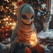 © MW - Alien figure holding a glowing crystal in a cozy festive environment.