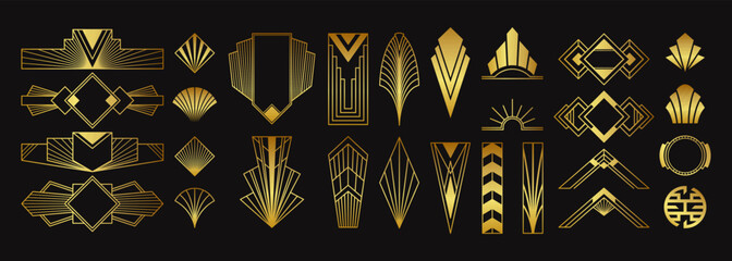 Golden art deco elements, luxurious decorative ornaments, creative geometric dividers and borders