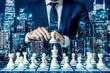 © Halina Berah - Organizing a business strategy includes brainstorming a chess board game featuring a king figure in double exposure, with digital graphic lines linking to the business ideas concept.