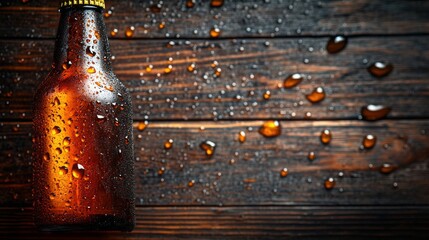 Poster - Refreshing bottle of cold beverage at sunset on wooden table in nature