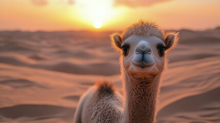 Wall Mural - Curious camel calf gazes at sunset in a desert landscape