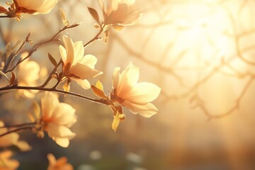 Wall Mural - Soft sunlight illuminates blooming magnolia flowers in a serene garden setting during springtime