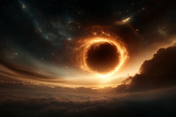 Vast cosmic landscape featuring a glowing black hole surrounded by stars and clouds at sunset