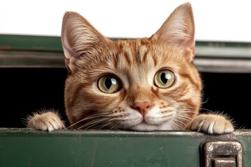 Wall Mural - Curious ginger cat peeking out from a green storage box in a cozy indoor setting