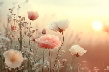 Canvas Print - Delicate flowers bloom in a field during sunset with soft hues creating a serene atmosphere