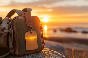 Wall Mural - Sunset view with a backpack and reflective tag near the shoreline