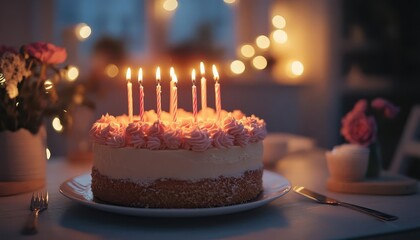 Wall Mural - Birthday cake candles with vibrant lighting, cozy celebration setup, soft glow