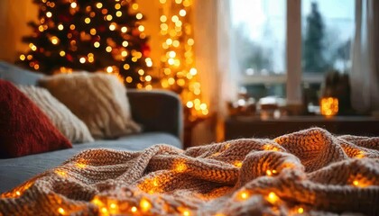 Wall Mural - Christmas decorations with vibrant lights, cozy home setup, soft glow