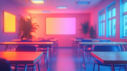 Wall Mural - Classroom with desks with vibrant lighting, cozy classroom setup, soft glow