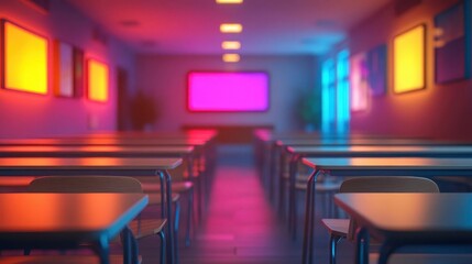 Wall Mural - Classroom with desks with vibrant lighting, cozy classroom setup, soft glow