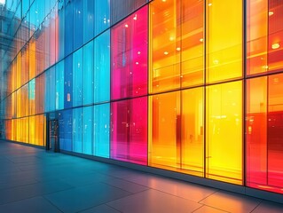 Canvas Print - Glass facade building with vibrant lighting, sleek architecture, dynamic energy