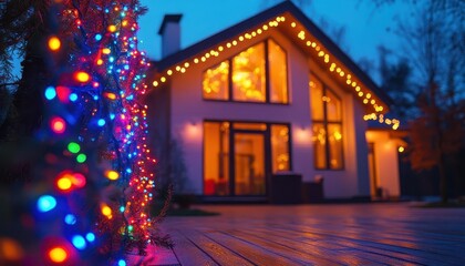 Wall Mural - Holiday lights on house with vibrant colors, soft glow, cozy atmosphere