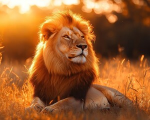 Wall Mural - Lion resting in savannah with vibrant lighting, soft glow, peaceful nature setup