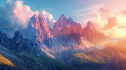 Wall Mural - Mountain landscape with vibrant peaks, soft lighting, serene outdoor scene