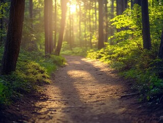 Wall Mural - Nature trail hike with vibrant trees, soft lighting, serene outdoor atmosphere