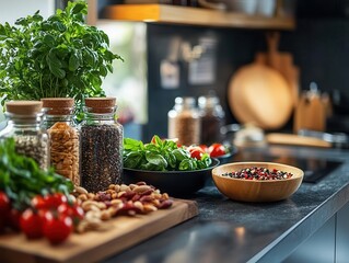 Wall Mural - Nutrition and wellness with vibrant ingredients, cozy kitchen setup, soft lighting