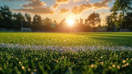 Wall Mural - Soccer field at sunset with vibrant lighting, serene outdoor atmosphere