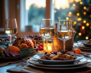 Wall Mural - Thanksgiving dinner setup with vibrant lighting, cozy table, soft glow