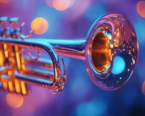 Wall Mural - Trumpet close-up with vibrant lighting, sleek music setup, dynamic energy