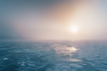 Poster - Serene winter landscape with fog rolling over icy lake at dawn