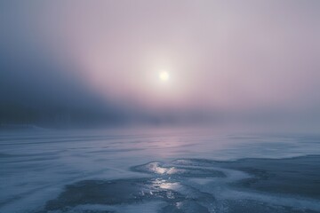 Poster - Serene winter landscape with fog rolling over icy lake at dawn