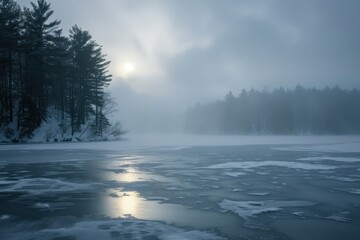 Poster - Serene winter landscape with fog rolling over icy lake at dawn