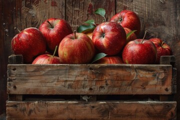 Wall Mural - Freshly harvested red apples displayed in a rustic wooden crate at a farm market in autumn