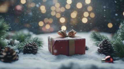 Wall Mural - Beautifully Wrapped Christmas Gift Surrounded by Snow, Pinecones, and Evergreen Branches on a festive Holiday Background with Bokeh Lights Glimmering in the Distance