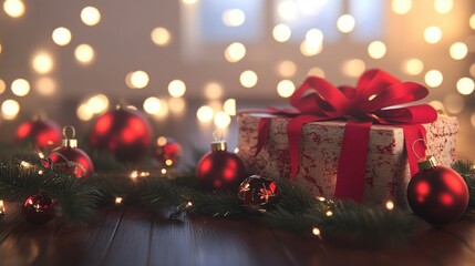 Wall Mural - Festive Christmas Scene Featuring Beautifully Wrapped Gift Box Surrounded by Sparkling Ornaments and Twinkling Lights on Wooden Table